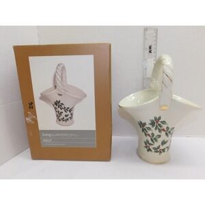 NEW Living Quarters Christmas Porcelain Holly Berry Basket Vase Gold Trim